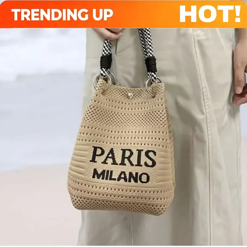 Letter Print Hollow Knit Bucket Bag Women Lightweight Woven Handbag Fashion Small Tote Bag Casual Commute Square Shoulder Bag