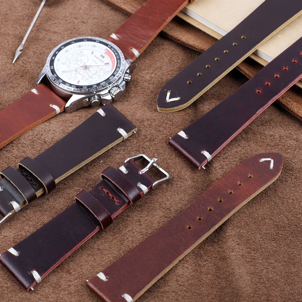 Genuine Leather Handmade Watchband 22mm Stainless Steel Buckle First Layer Cowhide Bracelet Band Watch Strap