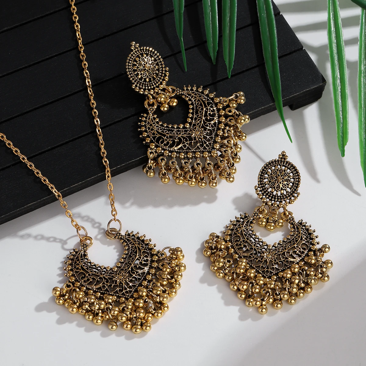 Indian Jewelry Set for Women Bijoux Retro Gold Plated Round Beads Tassel Earring Necklace Sets Ethnic Vintage Wedding Jewelry