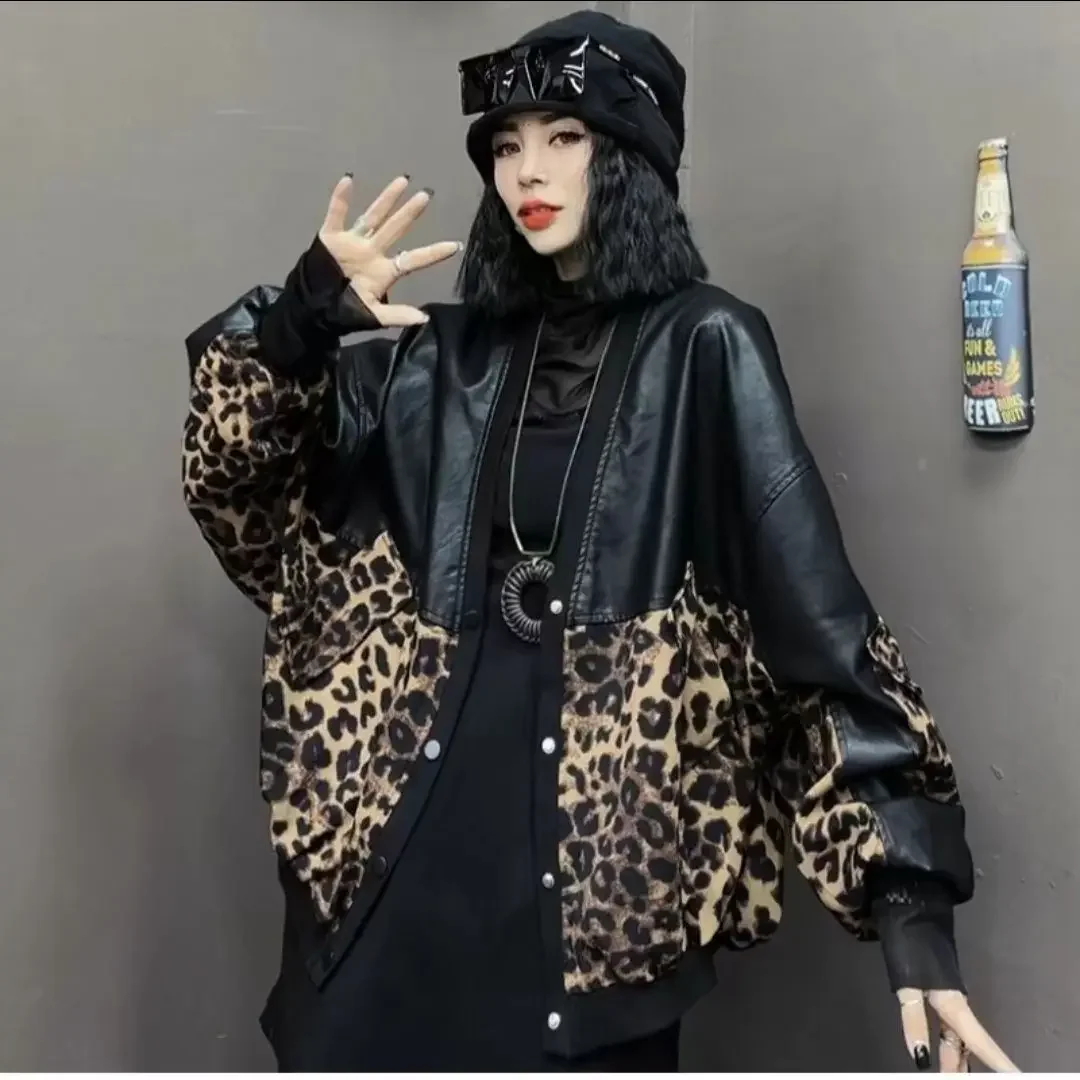 2024 Autumn and Winter New Leopard-print Patchwork Leather Coat Thickened Cardigan Female Long-sleeved Top Jacket