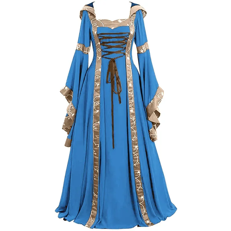 Abito rinascimentale medievale europeo da donna collo quadrato cintura con cintura maniche a campana abito da principessa Victoria Costume Cosplay di Halloween