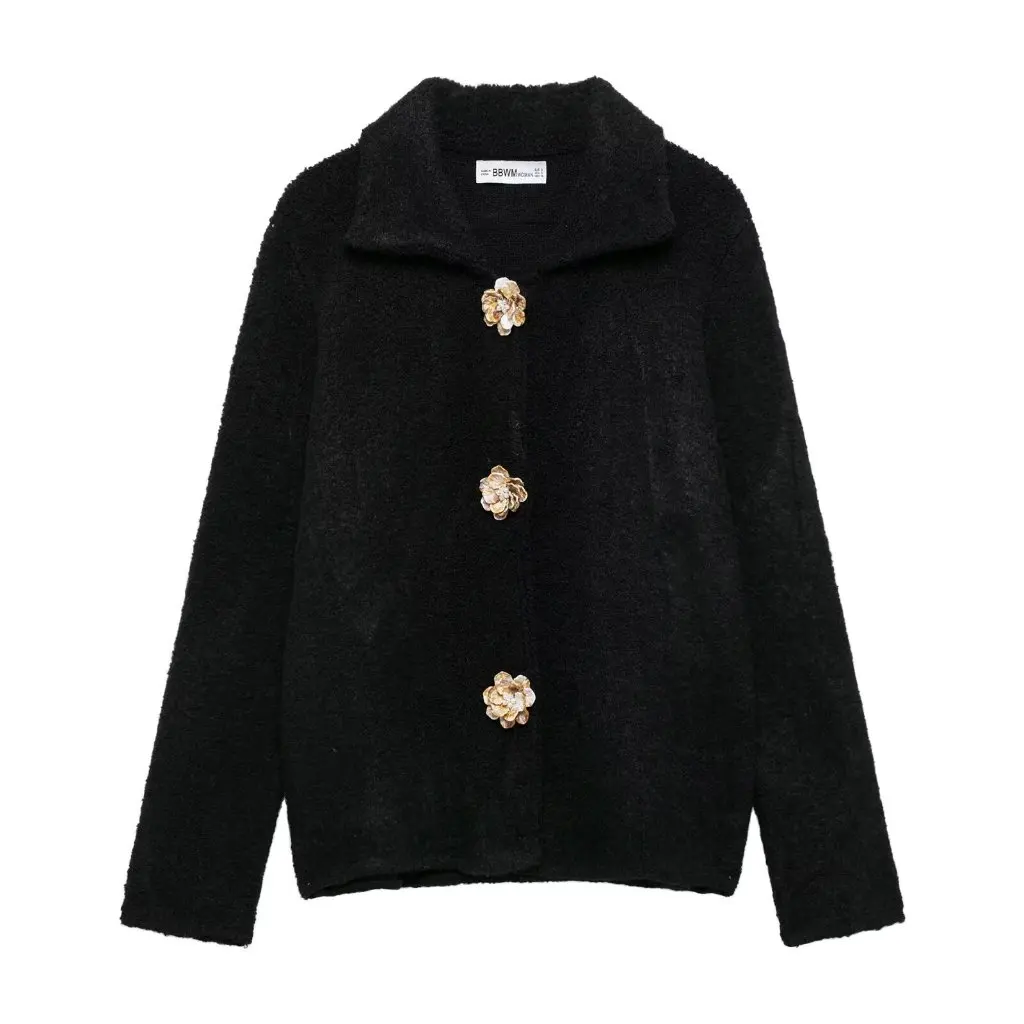

European And American Fashion Flower Button Lapel Long Sleeve Knitted Cardigan Women's Spring Top New Arrival