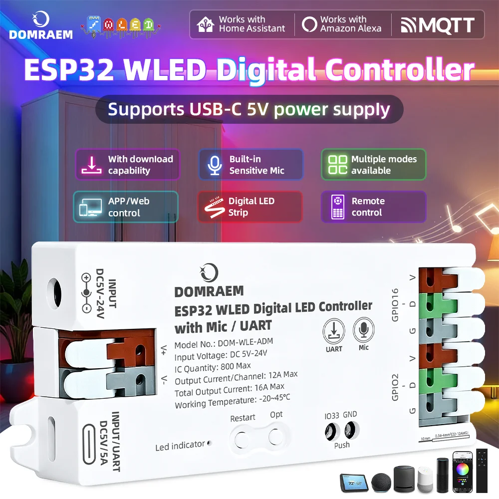 DOMRAEM ESP32 WLED Digitaler LED-Controller mit empfindlichem Mikrofon, UART, Ein-Klick-Download, Pegelwandler, 2-Kanal, 16A-Sicherungsrelais, USB-C-Anschluss, kompatibel mit WS2811, WS2812B, WS2813,