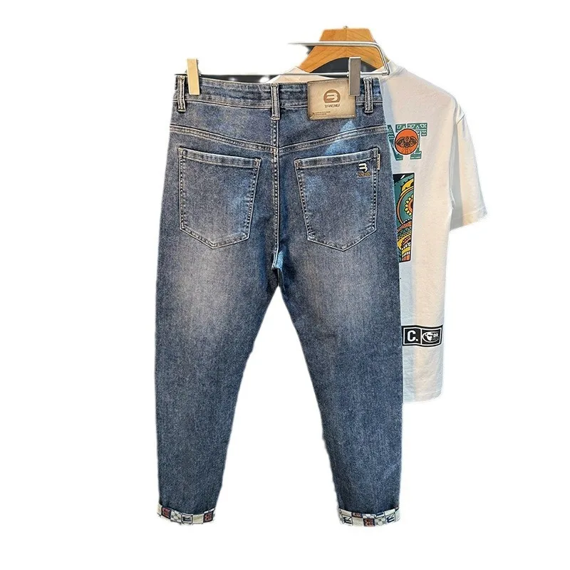 

Spring and Autumn Regular Trend Jeans Men with Water Wash Stretch Men Straight Leg Light Luxury Denim Pants Adult Gentleman