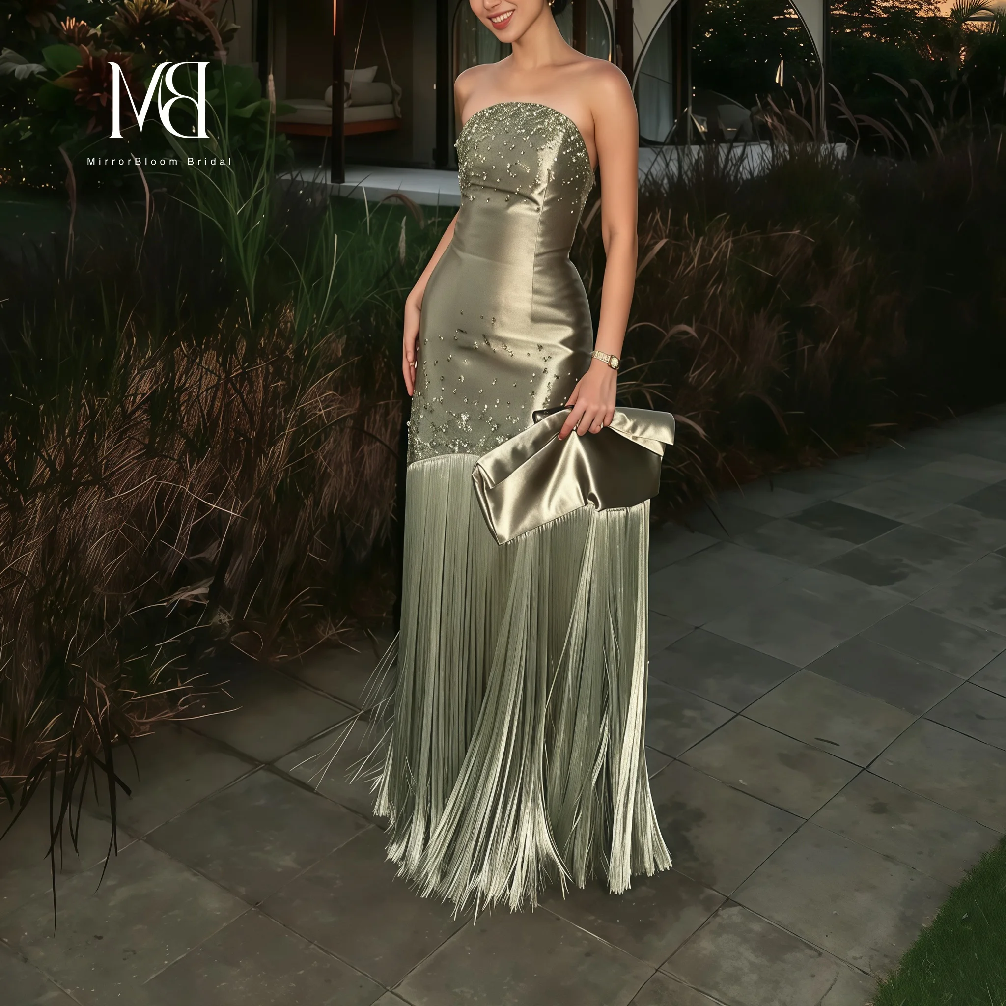 Green Satin Strapless Mermaid-Style Floor-Length Formal Ball Gown with Tassels And Beading Women's Evening Dress image 2