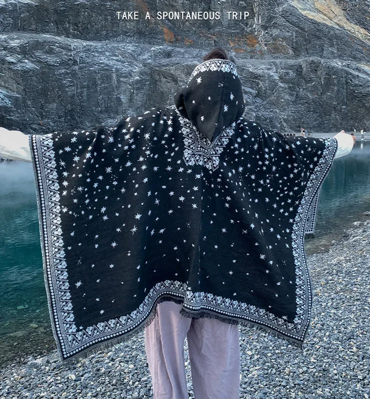Man Vintage ethnic style Pocho starry sky Cape autumn and winter warm imitation cashmere travel with hat cloak outer wear