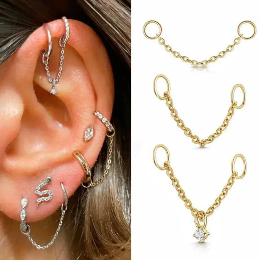 1set in Europe and America Women Wearing Shrill Bone Studs Zircon Tassel Chain Ear Studs Fashionable Earrings and Chains