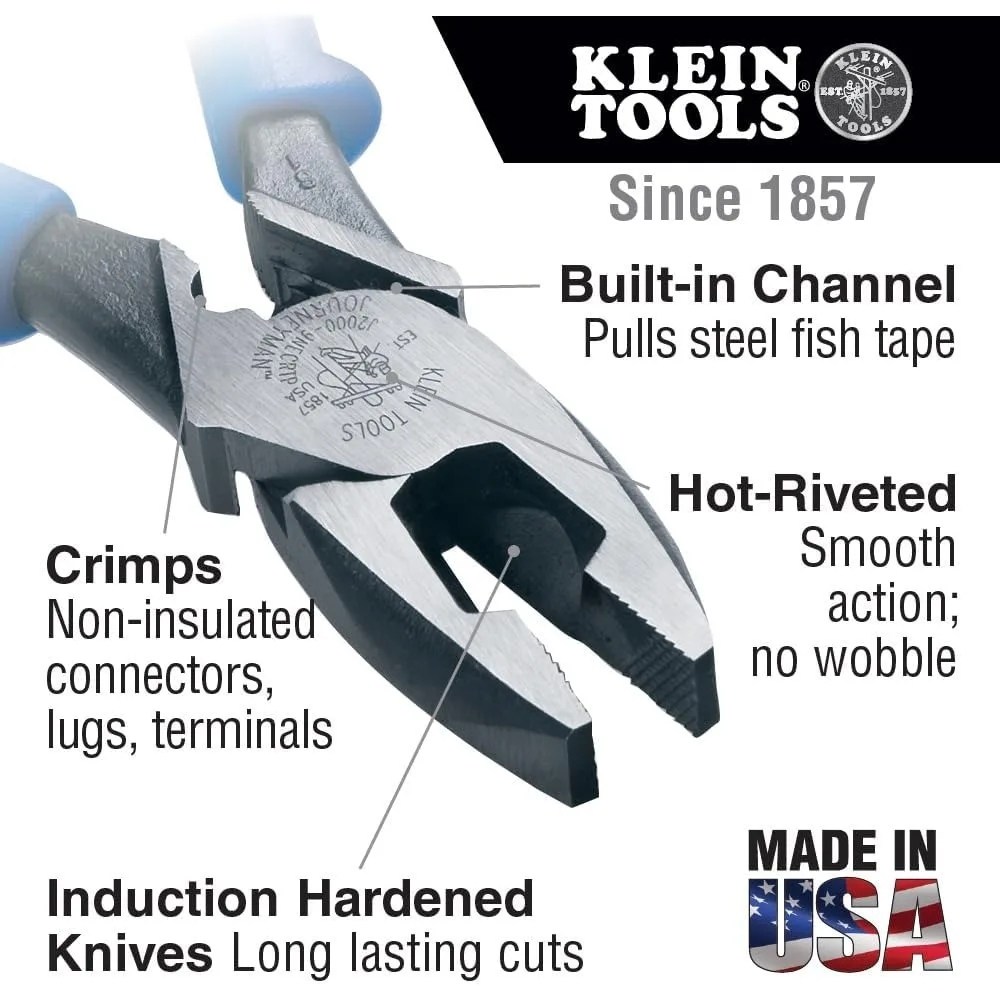 كماشة كلاين توولز عالية الرفع مقاس 9 بوصات مع ميزات سحب الشريط وعقص الأسلاك، مصنوعة في الولايات المتحدة الأمريكية