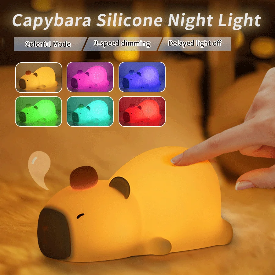 USB Rechargeable Cute Cartoon Capybara Silicone Night Light Timing Dimming Bedside Sleep Night Lamp for Room Decor Children Gift