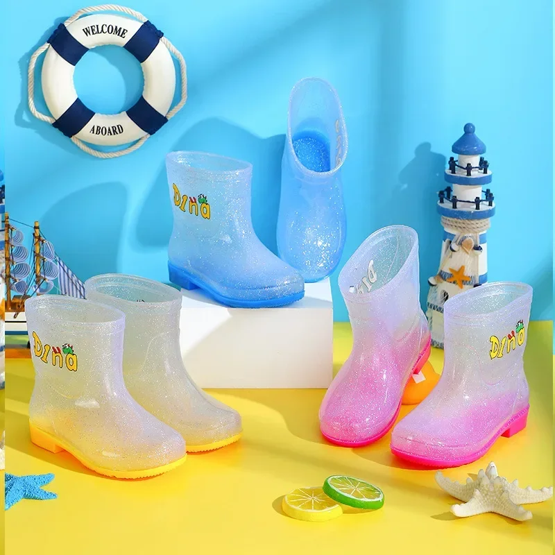 Sequin Transparent Children\'s Rain Boots Cartoon Pattern Kids Anti Slip Waterproof Soft Sole Thick Bottom Shoes Rainy Weather