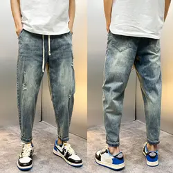 Fashion Drawstring Casual Jeans Solid Denim Spring Autumn Pencil Pants for Youth Luxury Clothing Vintage Designer Men's Jeans