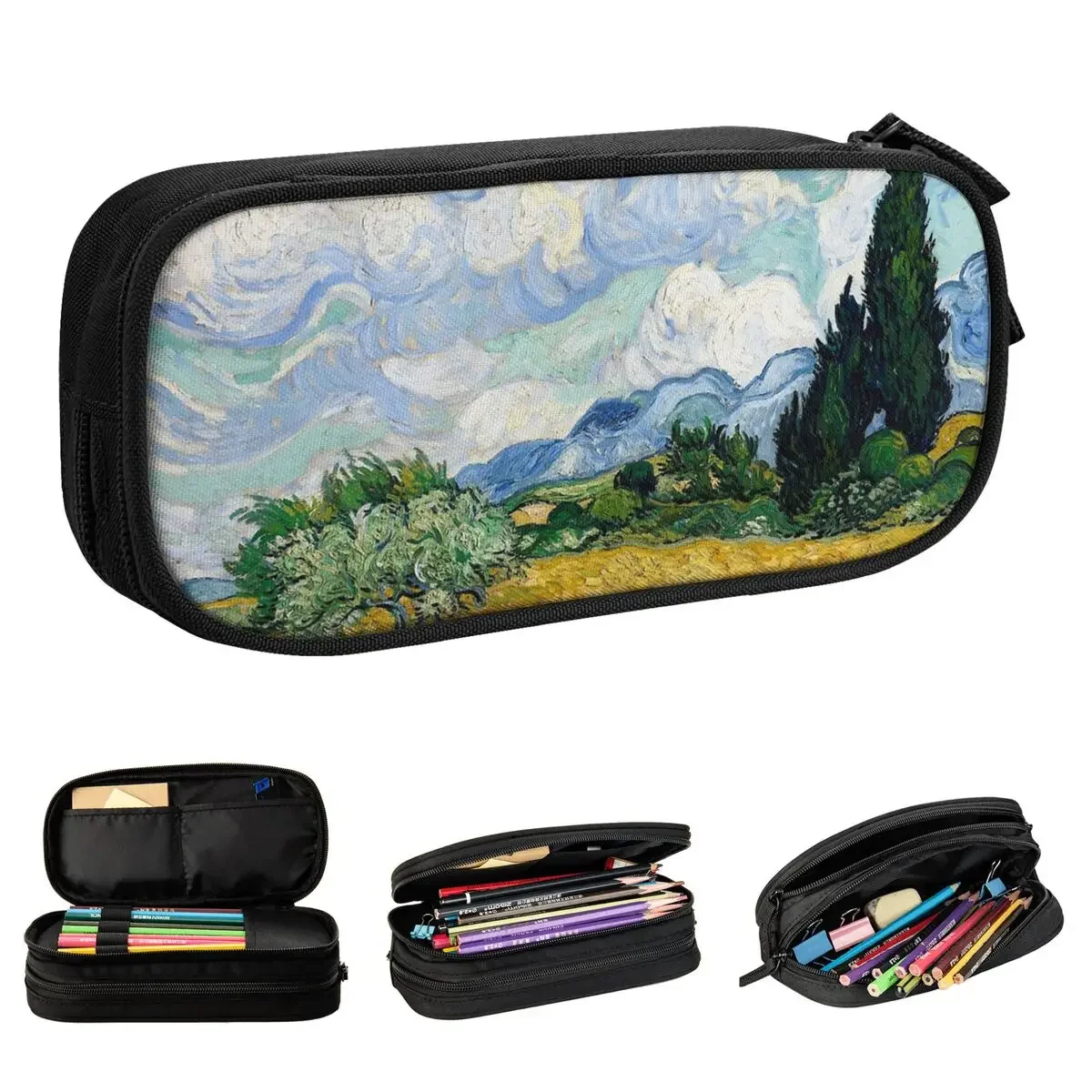 Wheat Fields With Cyprusses Van Gogh Pencil Case Fun Art Pen Bag Student Big Capacity School Supplies Gifts  Pouch