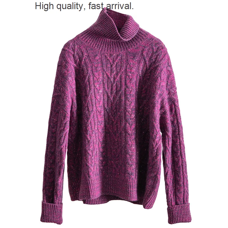 

Leak-Picking Grape off-Season Purple Autumn and Winter New Pure Cashmere Sweater Women's High Collar Loose Twisted Flower