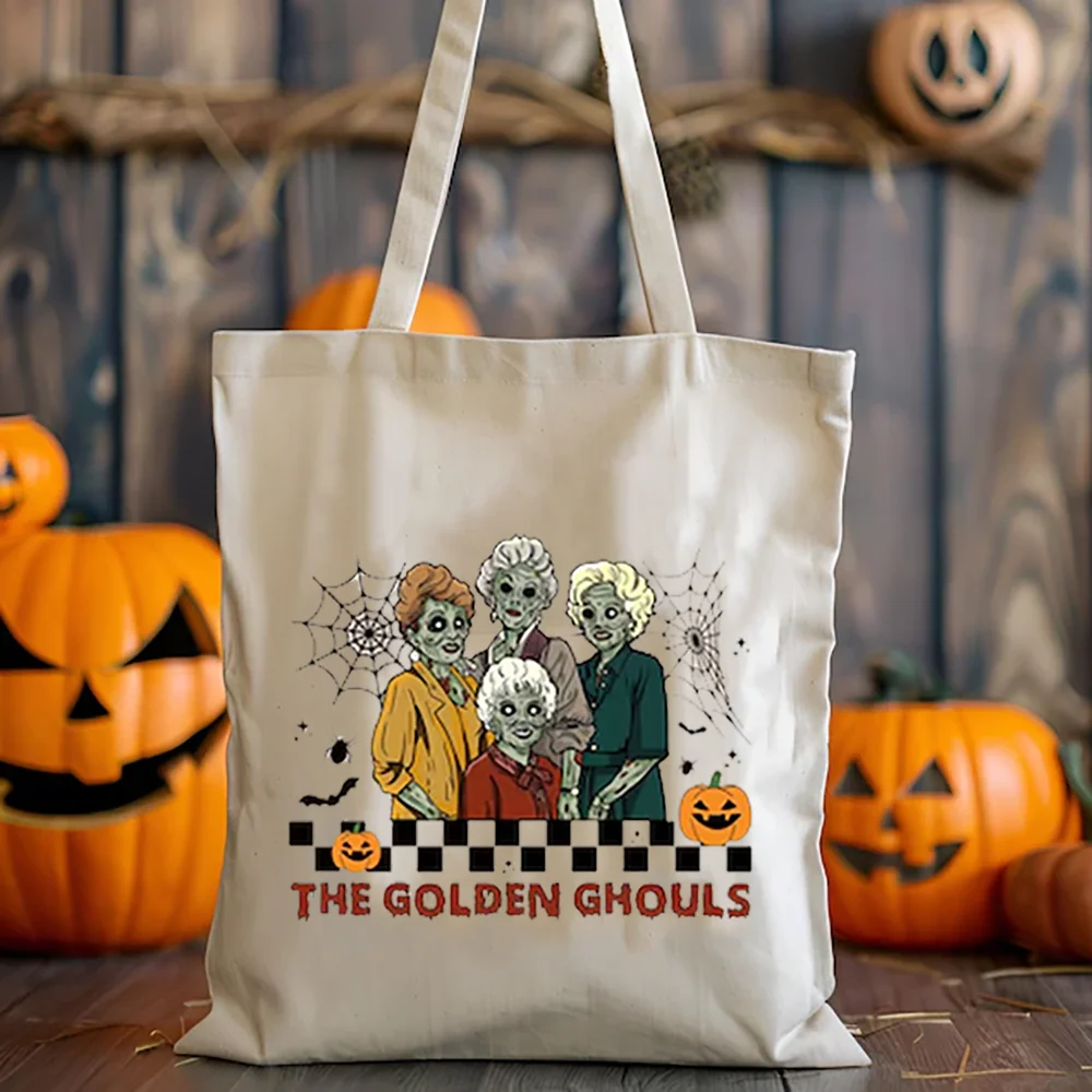 

The Golden Ghouls Halloween Tote Bag Spooky Season Shoulder Bag Trick or Treat Candy Storage Holiday Gift Pumpkin Spider Bat
