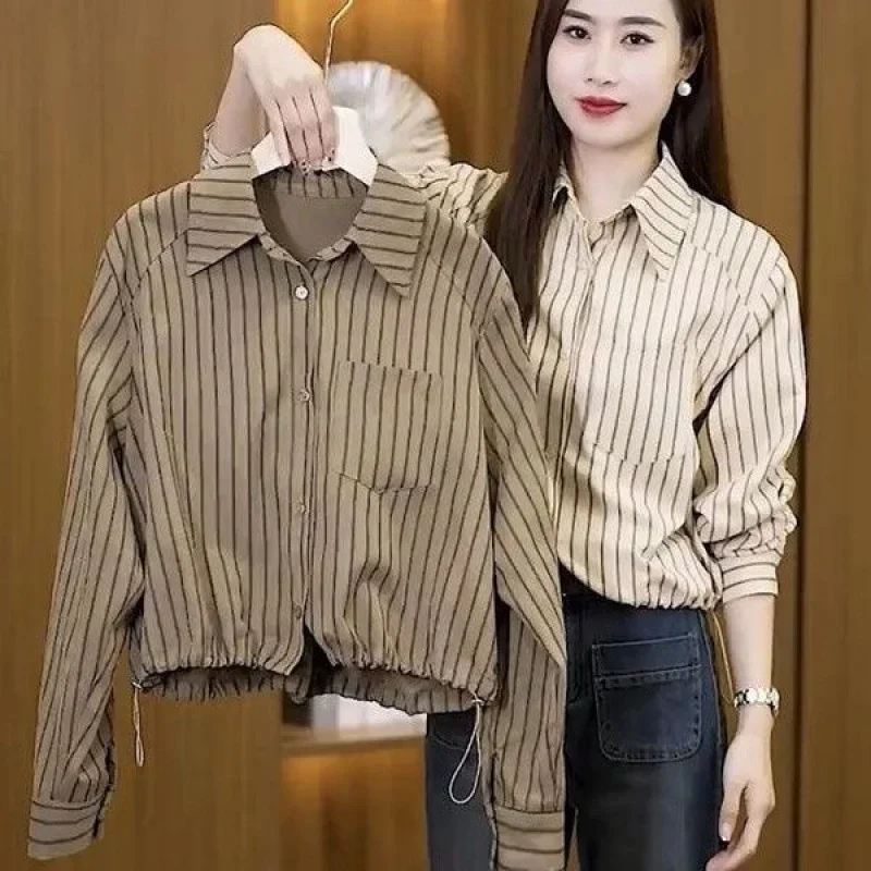 

Шикарная полосатая рубашка, женская весенне-осенняя новая корейская мода, повседневные короткие блузки с длинными рукавами и талией, женские темпераментные топы