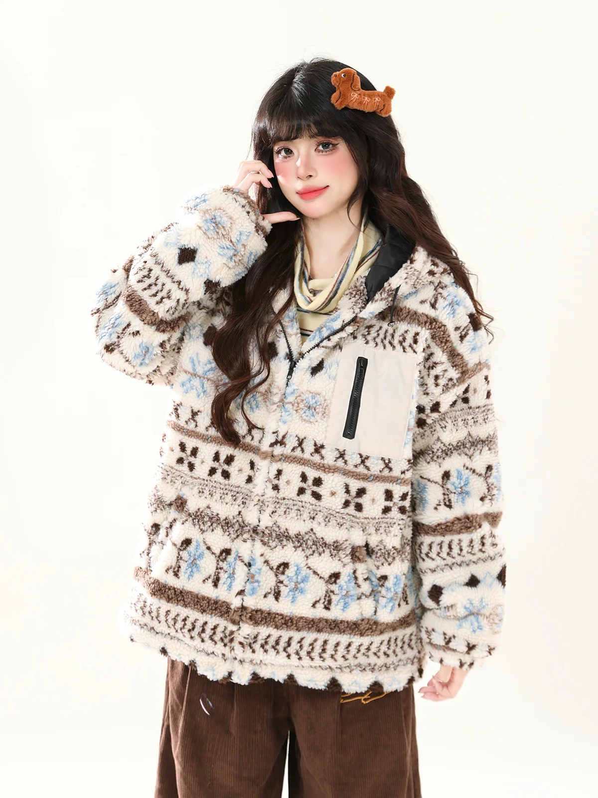 

ENJOG Американская хлопковая куртка с капюшоном в стиле Fair Isle, женское ретро-пальто из овечьей шерсти, свободная повседневная теплая хлопковая одежда