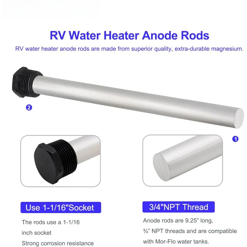 2PC RV Heater Anode Rods, 9.25 x 3/4 NPT Magnesium Anode Rod Fit RV Heater, Suburban & Mor-Flo RV