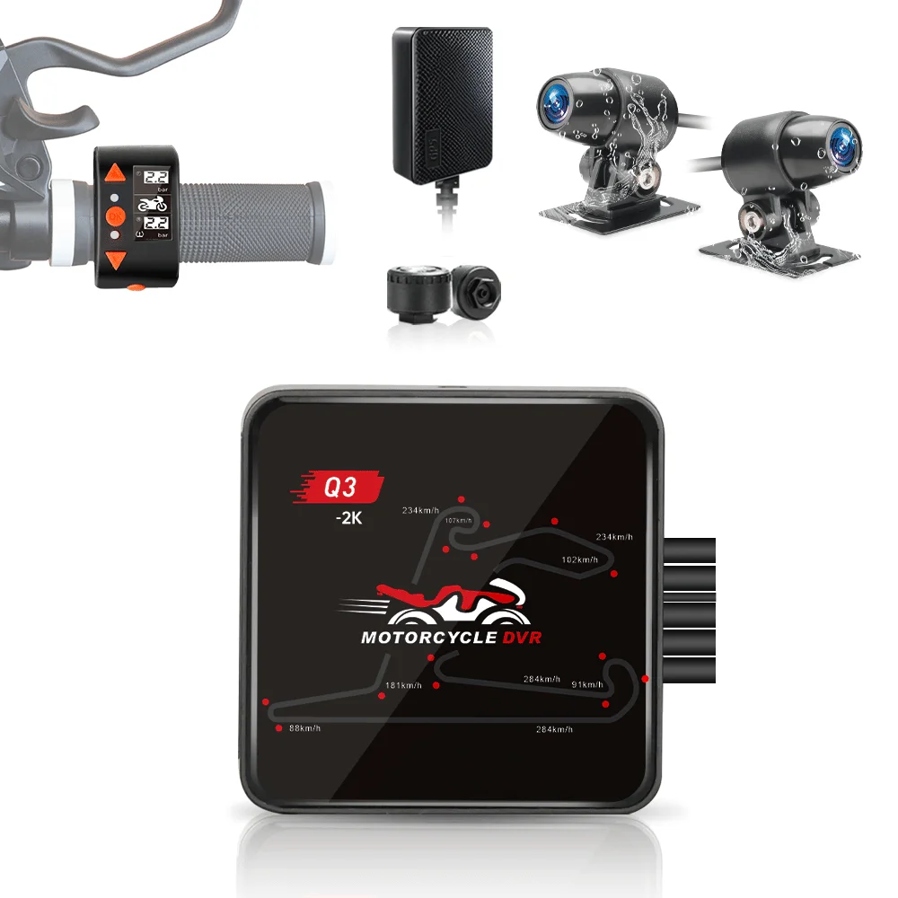 

VSYS Motorcycle Camera Q3 2K Front and Rear Camera 30FPS Support 5G WiFi Parking Monitoring, OLED Wired Controller,Tire Pressur