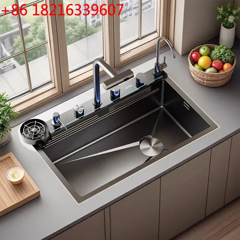

304 stainless steel nano honeycomb digital display Feiyu waterfall kitchen large single slot vegetable basin