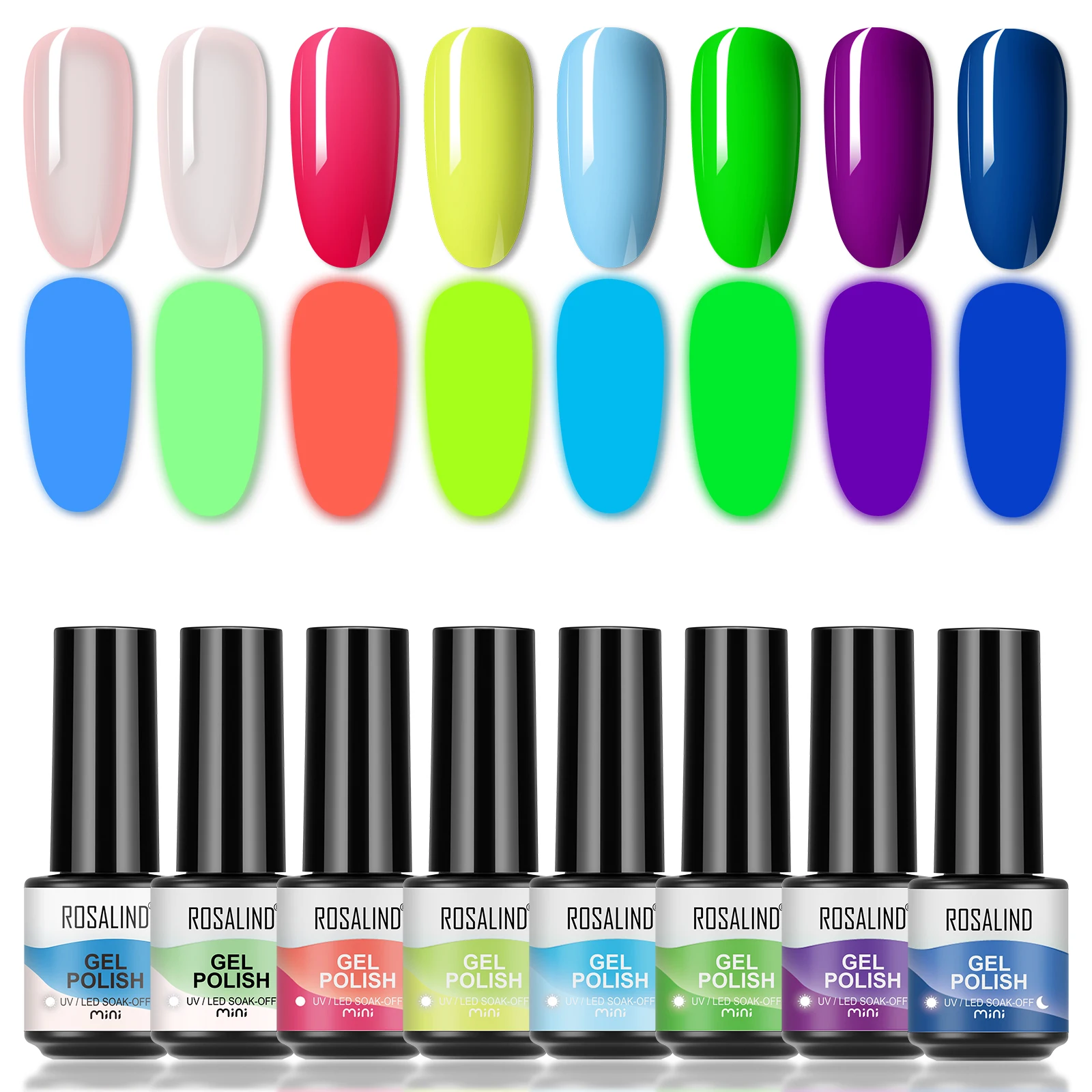 ROSALIND Glänzendes Gel-Lacke-Set, semi-permanent, Soak Off Cat Eye Gel-Nagellack-Sets, 8-teiliges Basis- und Decklack-Nagelkunst-Set mit Box