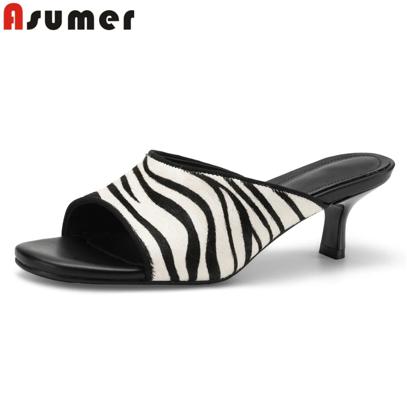 ASUMER Size 34-43 Horsehair Leather Women Slippers Stiletto High Heels Summer Mules Zebra stripes Fashion Slippers Shoes