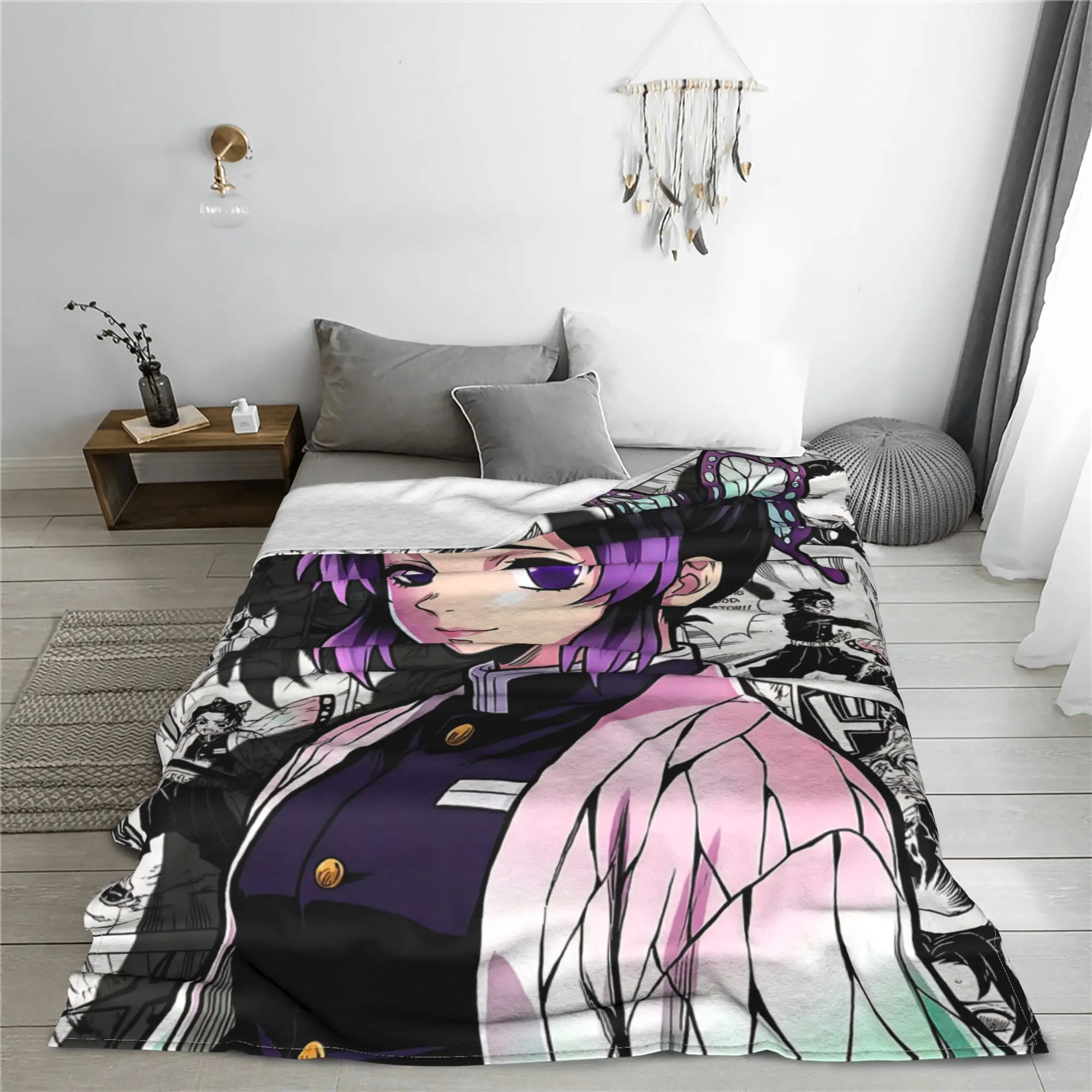1PC Demon Slayers Anime Shinobu Kocho  Winter Blankets for Adults Bedding Home Interior Sofa Knee
