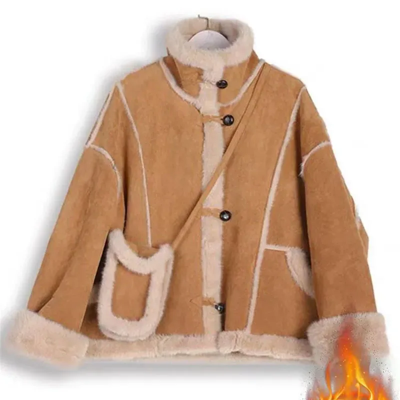 Women Fur Coat New Winter Artificial Fur Overcoat Splicing Motorcycle Coats Women's Loose Casual Standing Collar Blue Jacket