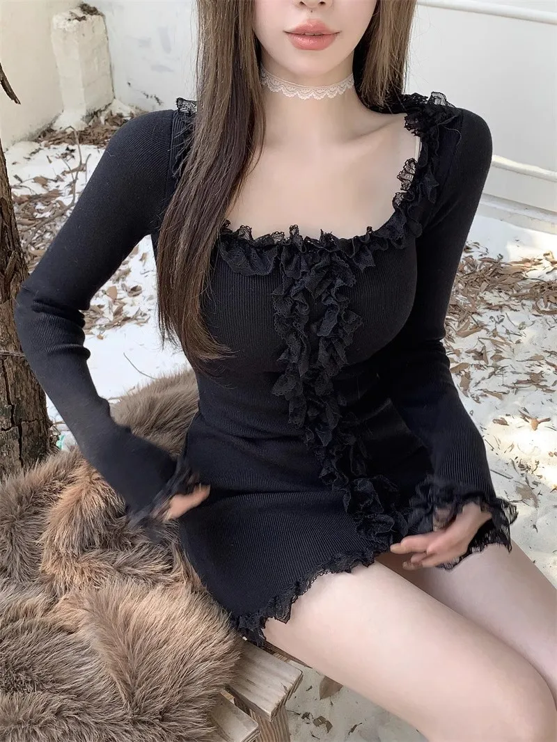 Y2k Dress Women Clothing Kpop Lace Long sleeves Party Dresses High waist Korea Sweet Girl Mini Dressees Harajuku Sexys Dress