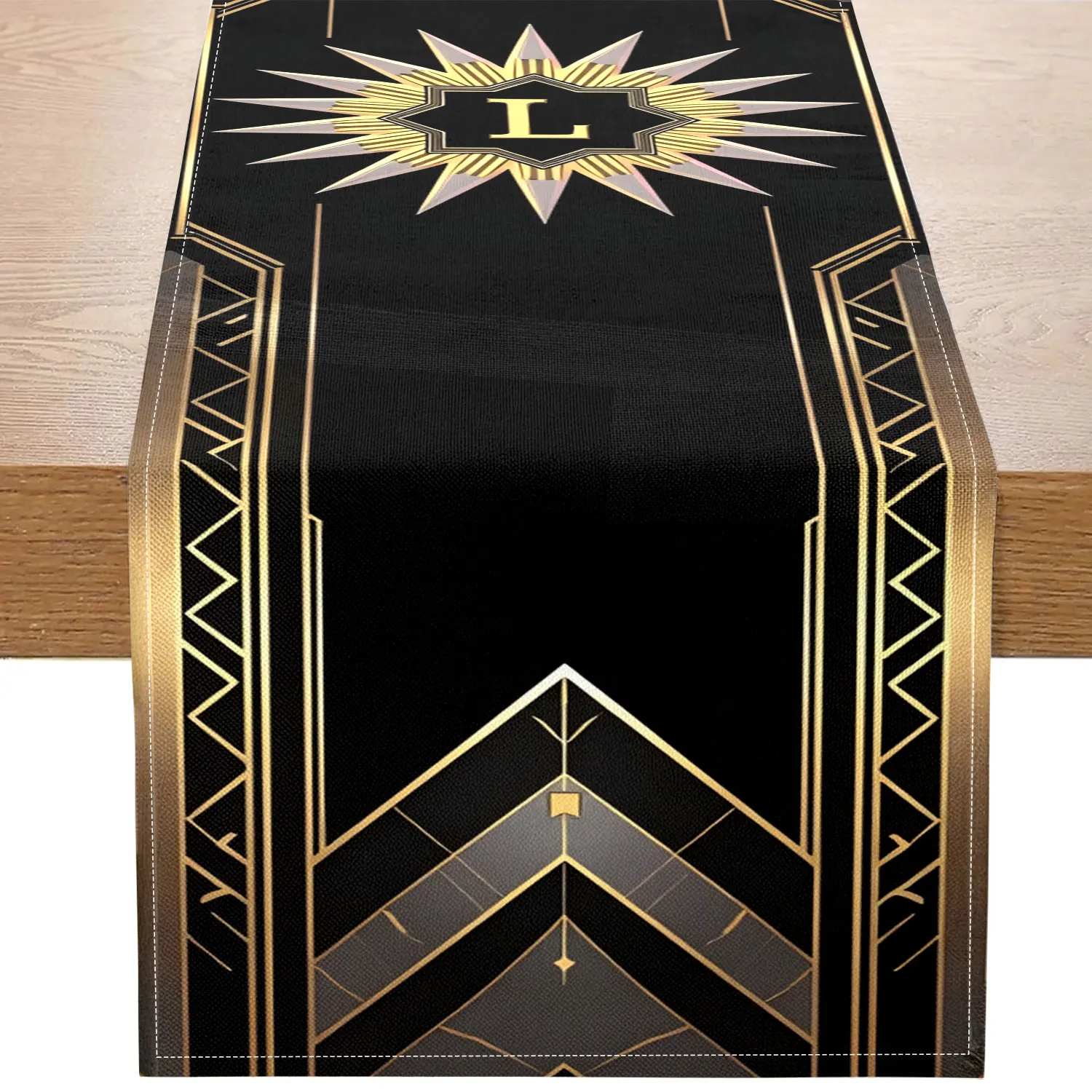 

1 шт. тематическая дорожка для стола в стиле арт-деко с надписью «L», черное золото, геометрические линии с узором в виде буквы «L», подходит для тематических вечеринок в стиле арт-деко, роскошные ресторанные украшения в стиле ретро, классические деловые 