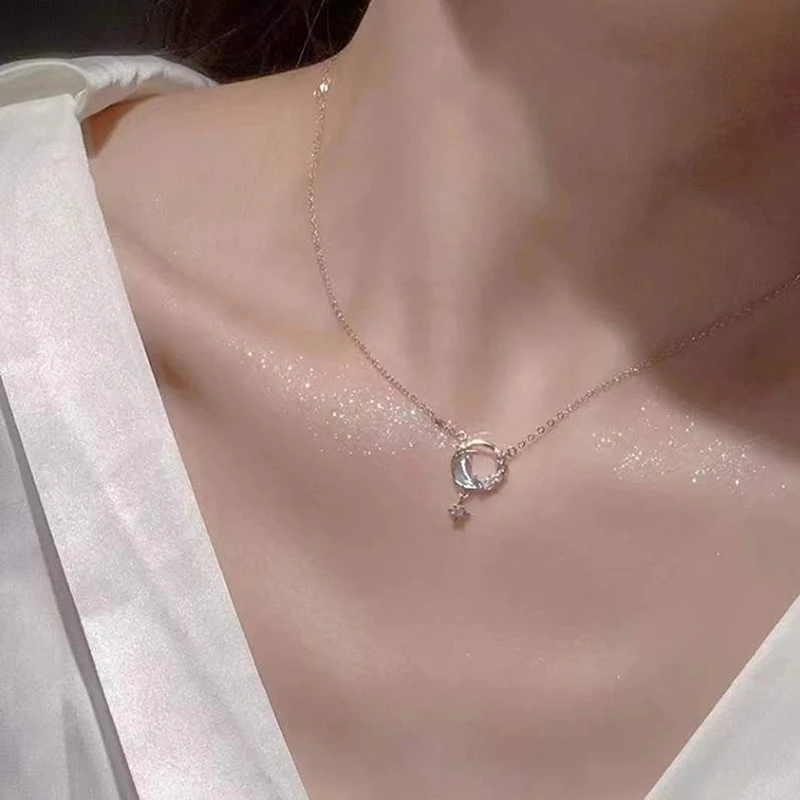 Korean Fashion Hollow Moon Pendant Necklace Silver Color Chain For Women Wedding Aesthetic Jewelry