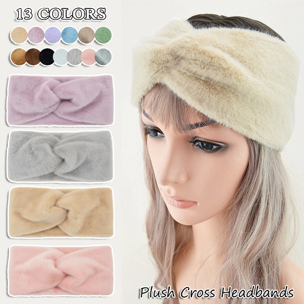 New Plush Headband Winter Imitation Mink Fur Cross Hair Band Warm Solid Wide Turban Headwrap Soft Elastic Ear Warmer Hairband