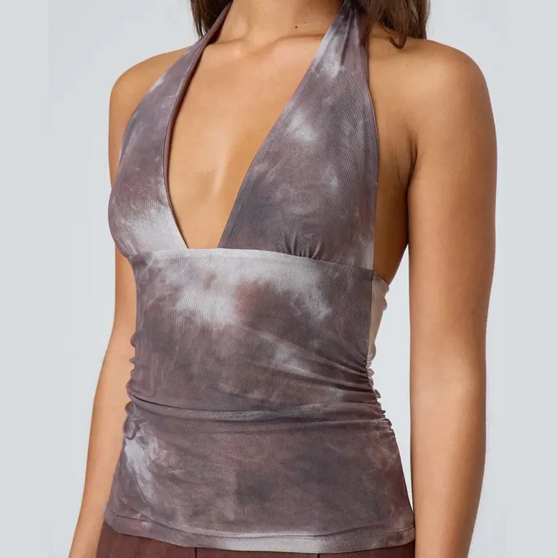 Camisetas sin mangas con cuello Halter para mujer, ropa de verano ajustada con tinte anudado, corte bajo, fruncido, sin mangas, Tops cortos con espalda abierta, ropa de calle