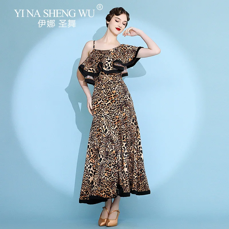 Nuovo vestito da ballo femminile Leopardo Design irregolare Vestito da tango Sala da ballo standard Valzer Concorso di danza moderna Dancewear 2 colori