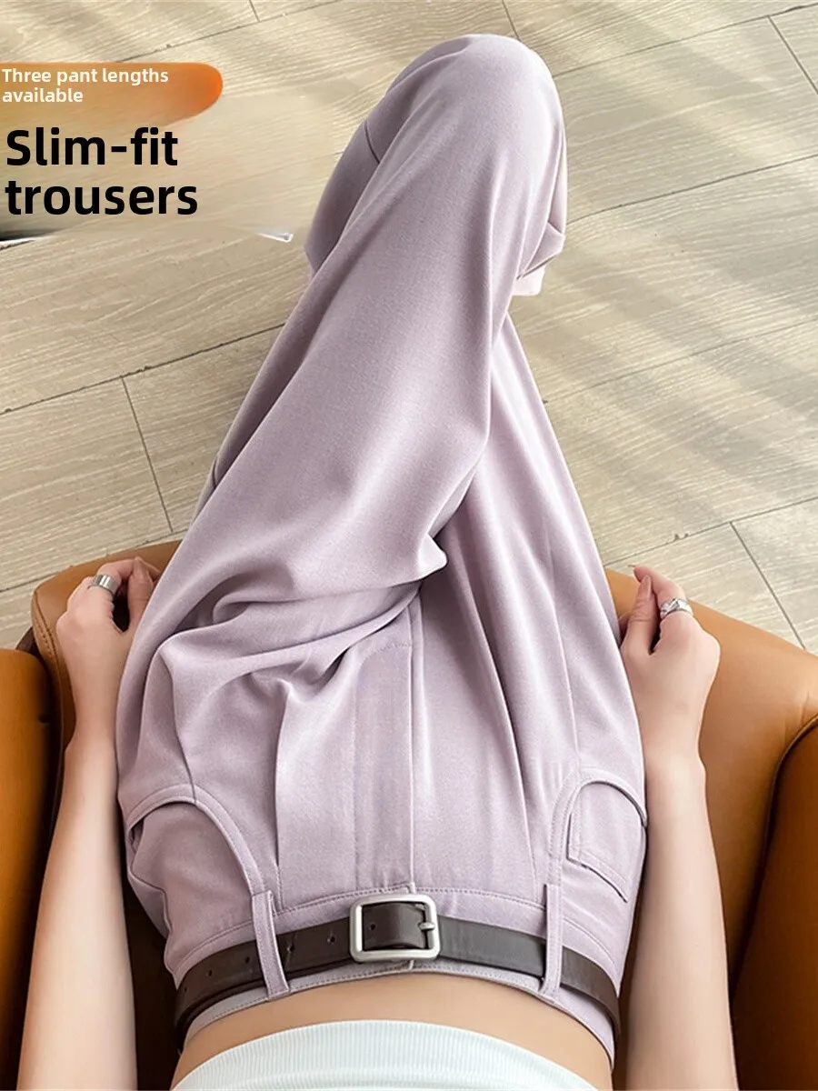 スリムワイドレッグスーツパンツ女性用薄い春夏ハイウエスト通勤に優しいストレートカットフロアレングストレンディパンツ