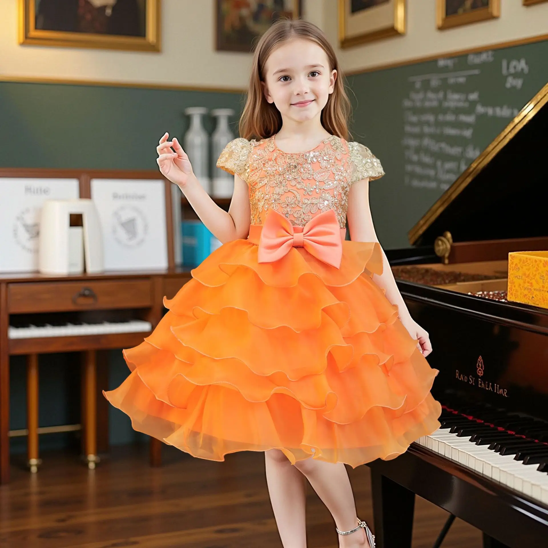 Hetiso Children Layered Dresses Golden Embroidery Girl Princess Gown for Party Holiday Birthday Wear 3-10 Years