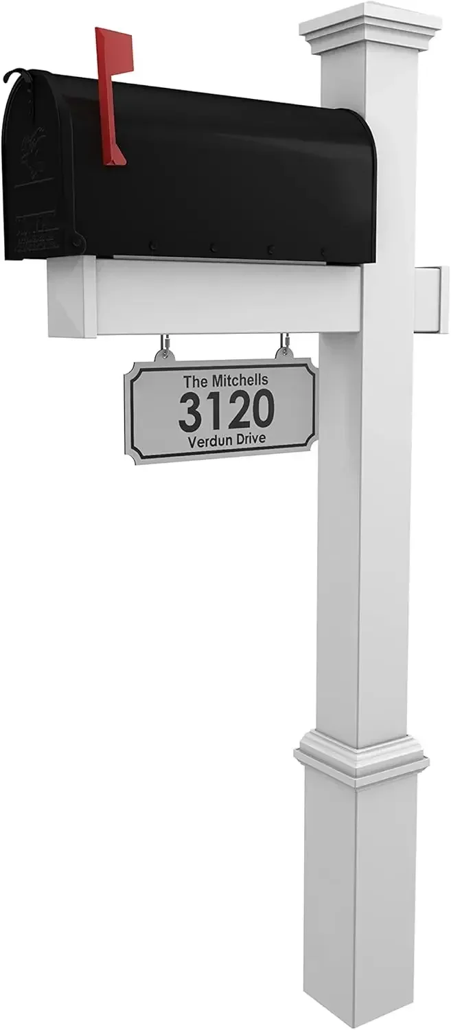 Vinyl Mailbox Post System - Includes Black Steel Mailbox and Custom Address Plate (White)