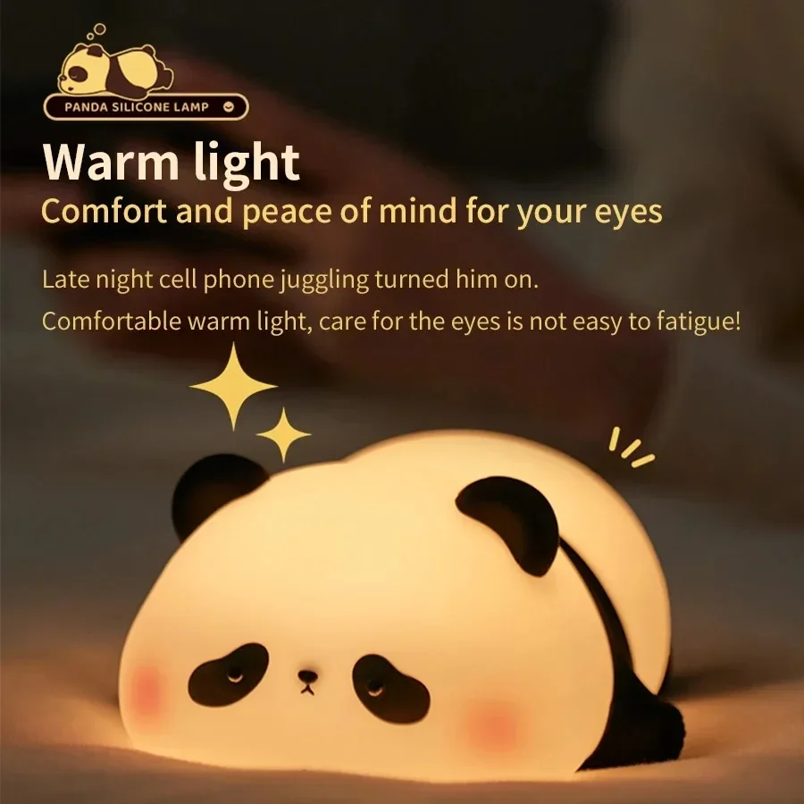 Mini Panda Night Lights for Kids, Silicone Timing, Lâmpada recarregável, Desenhos animados criativos, Decoração de luz do quarto, Lâmpada de