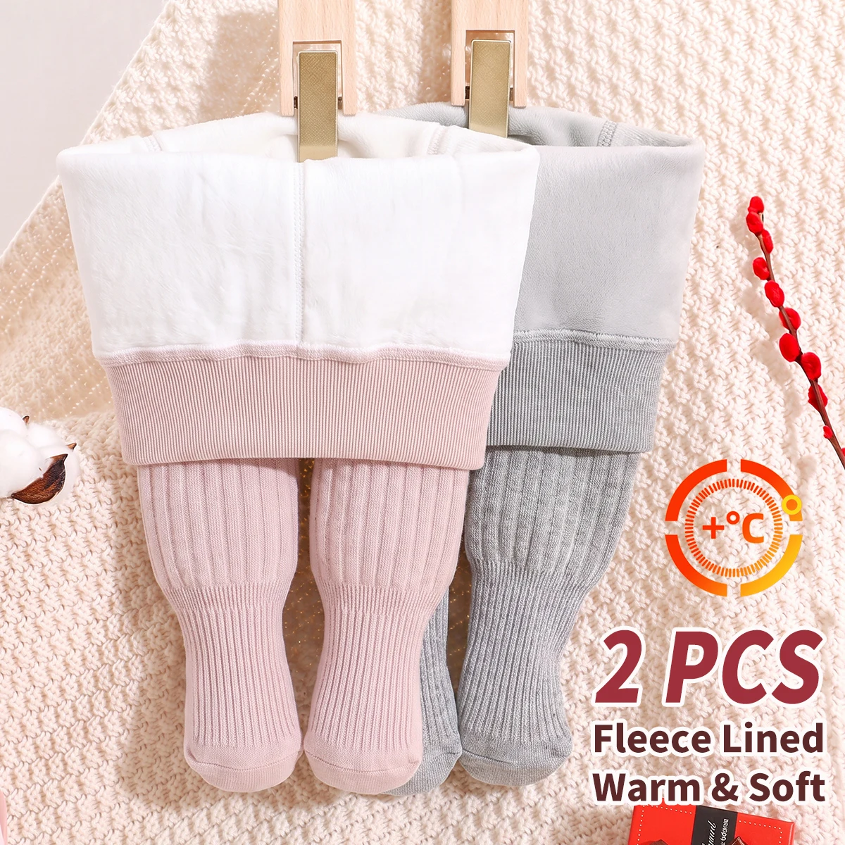 2 Stück dicke warme Strumpfhosen für Babys, einfarbige Fleece-Thermo-Strumpfhosen, Kleinkind-Leggings mit Fuß für Outdoor- und Alltagsoutfits – Detail 1
