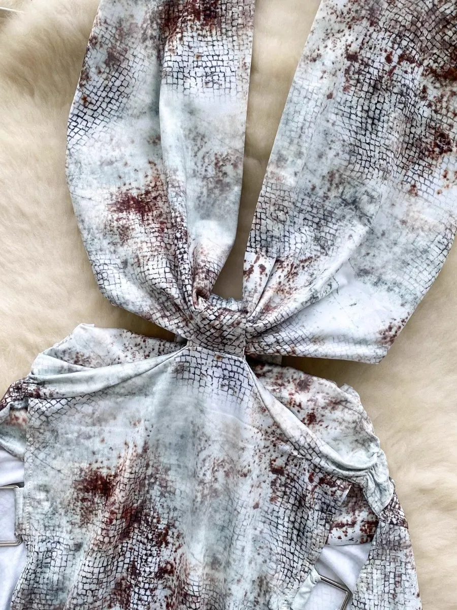 Foamlina Sexy Hollow Out V-Neck Halter Print Dress Women Fashion High Street Cutout Waist Slim Fit Hot Girl Mini Skirt Dress