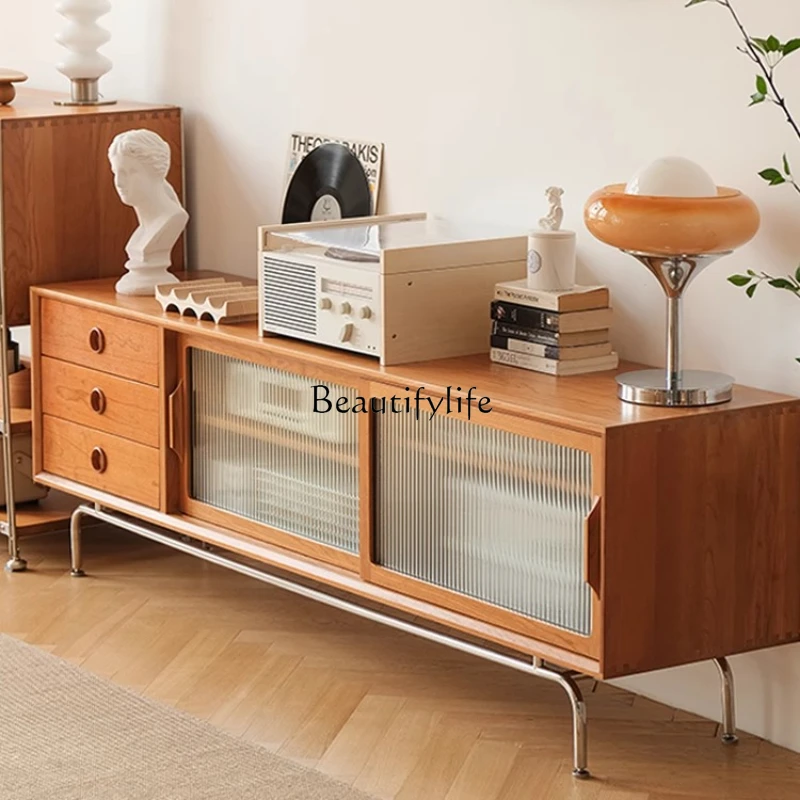 

02 Nordic solid wood TV cabinet medieval small apartment living room floor cabinet locker