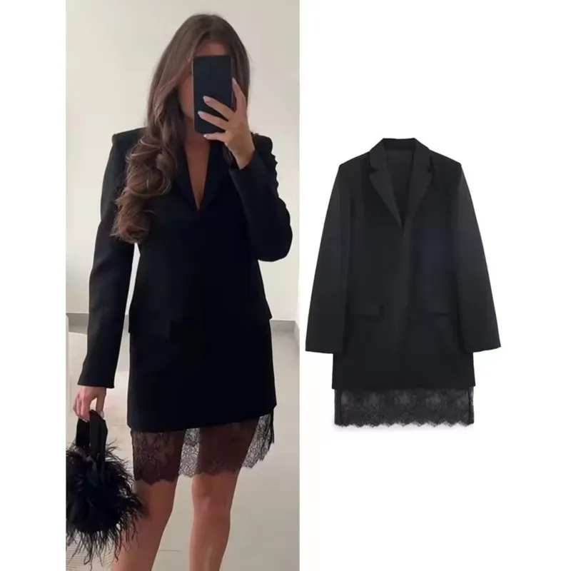 Primavera otoño mujer encaje Blazer vestido Casual solapa cuello manga larga bolsillo mujer vestido moda mujer vestido de fiesta