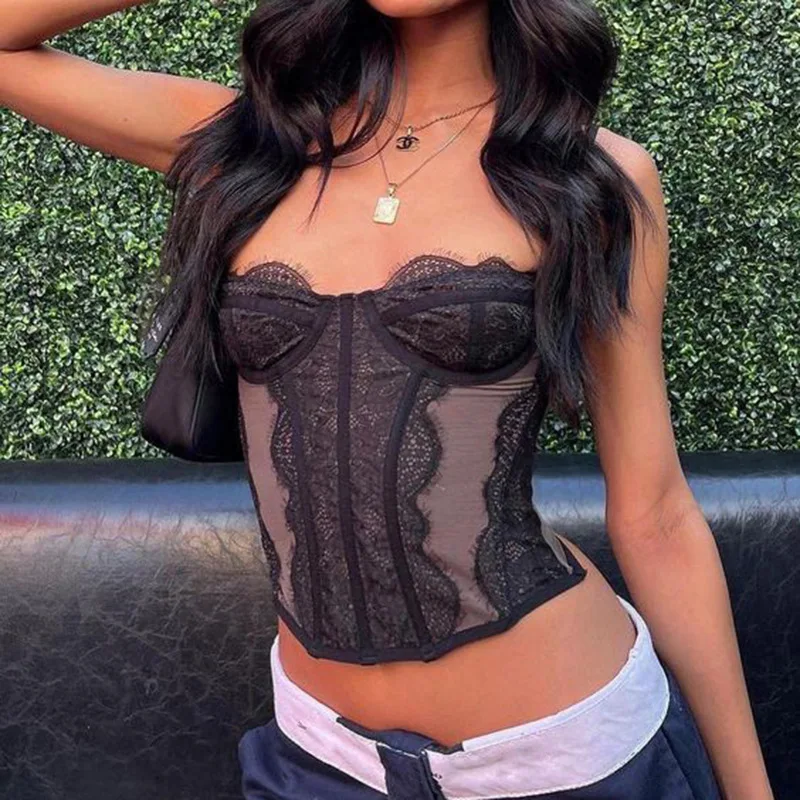 Sexy See through Lace Corset Top Women Camisole Short Length Single Piece Pure Color Spring Collection Club Party Wear