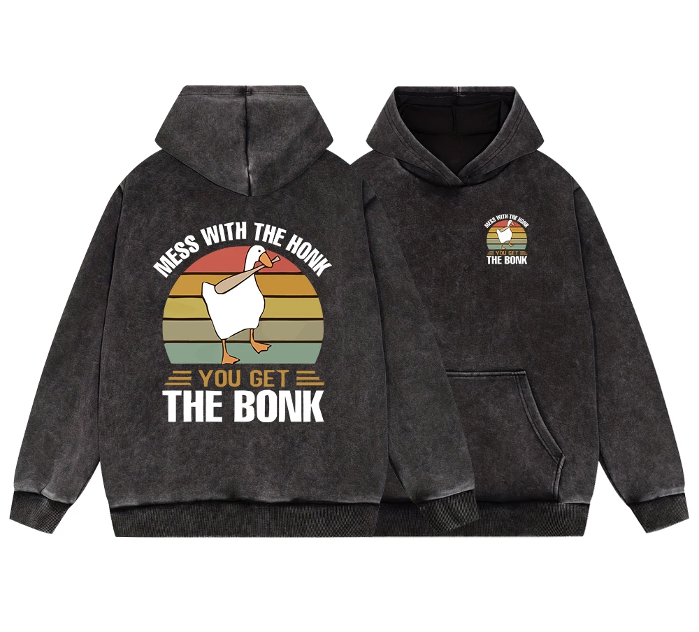 Mess With The Honk You Get The Bonk Mens Vintage Washed Cotton Hoodie Street Casual Loose Pullover Hoodies Hip Hop Crewneck