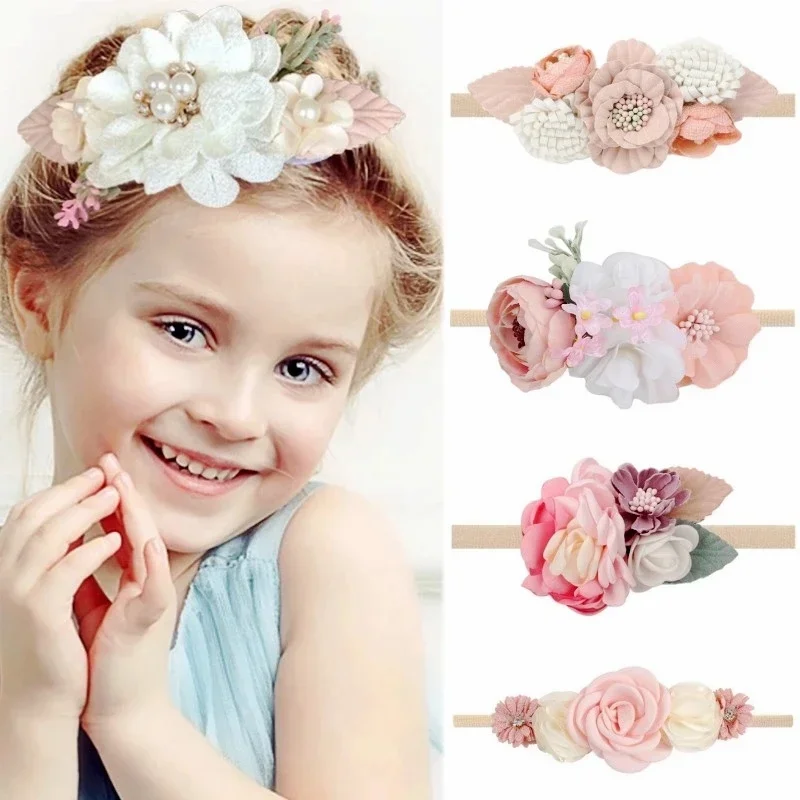 Floral Girl Headband Newborn Baby Toddler Nylon Elastic Hair Ties Princess Hairband Kids Hair Rope Pearl Flower Hair Accessories