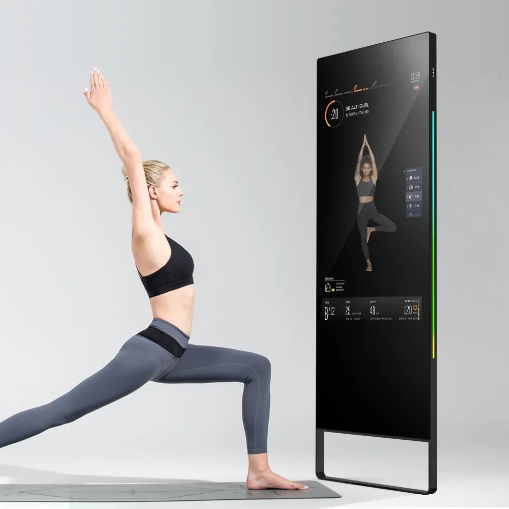 Gym interactive waterproof IP65 floor wall lcd digital signage kiosk Android ultra thin ai smart fitting mirror