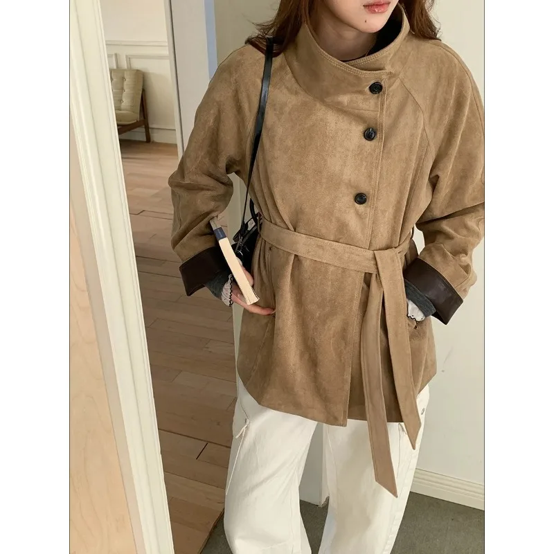 

New Women High-end Suede Stand-up Collar Lace-up Trench Coat