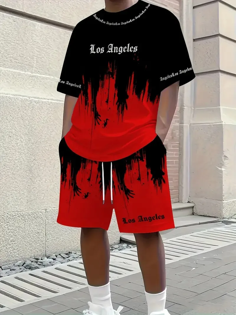 2025 3D Gradient Printed Sports Fashion Short Sleeved Two-piece Set Summer New Men's Shorts T-shirt Set