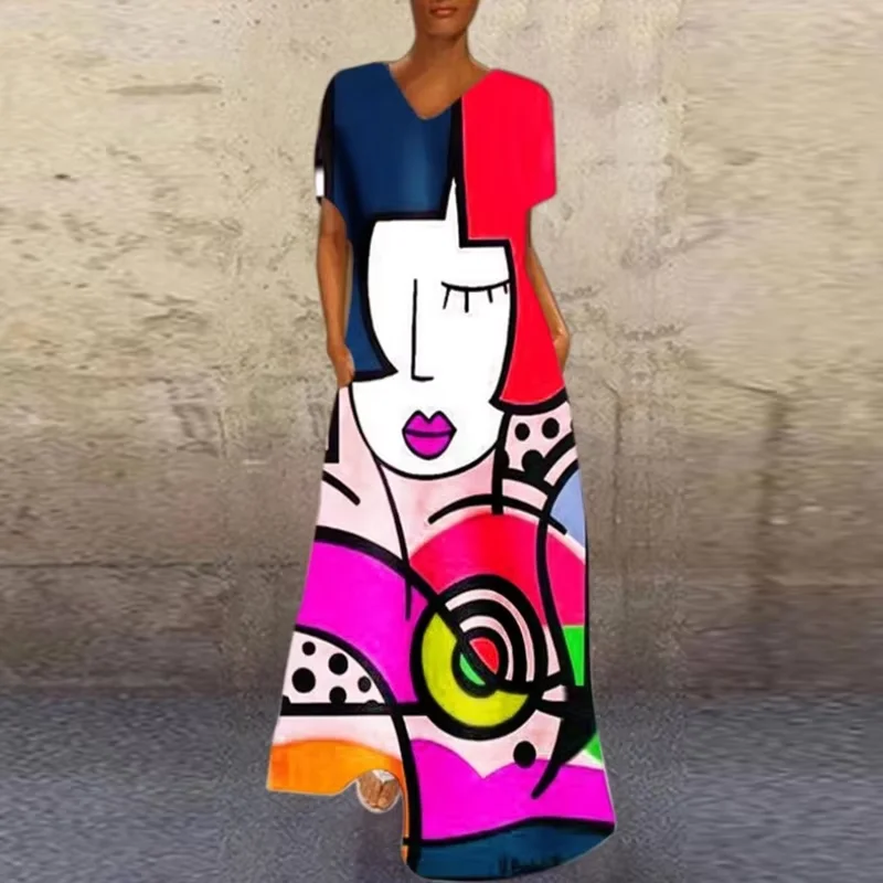 Abiti da sera eleganti stampati da ragazza astratta da donna abiti lunghi Casual con scollo a V manica corta abiti estivi allentati abiti