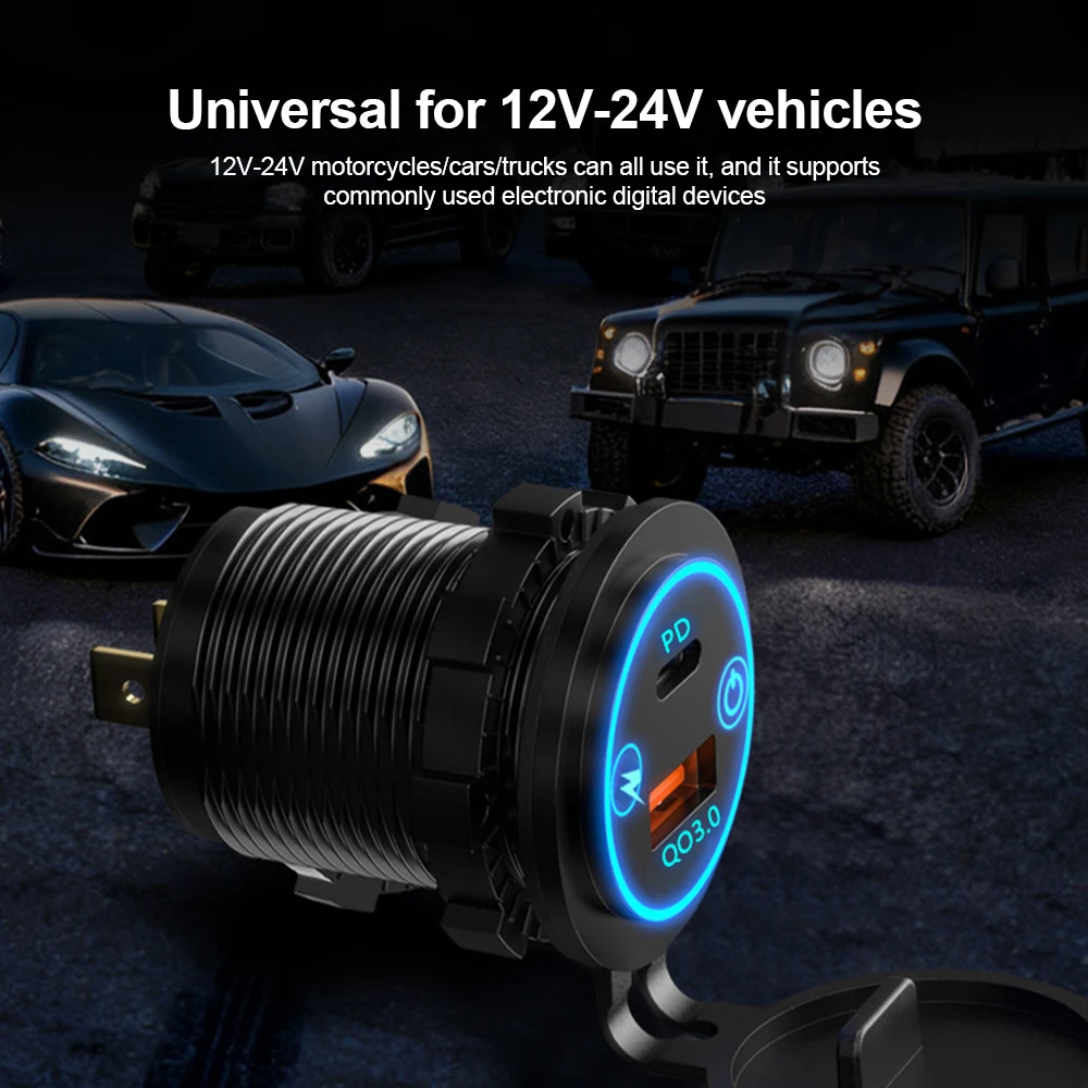 48W PD QC3.0 Car Charger Socket with Button Quick Charge Socket Power Outlet Waterproof for 12V/24V Motorcycle Truck Boat