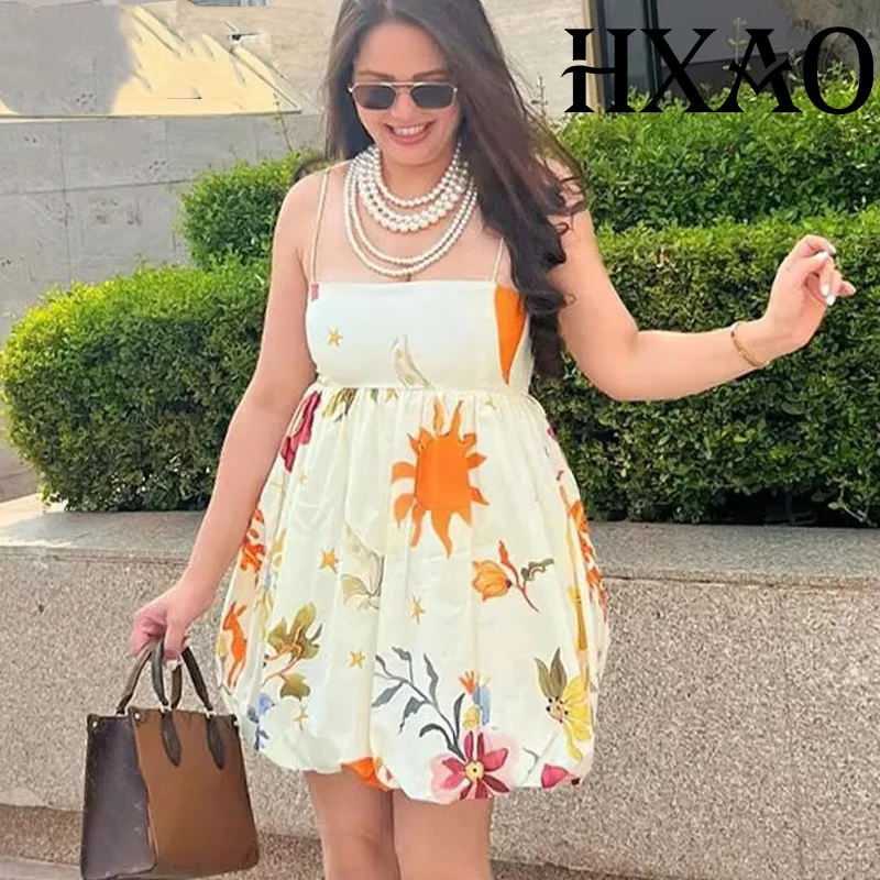 HXAO 2024 Dresses Print Slip Short Dresses Sleeveless Pleated Mini Dress Woman Summer Backless Beach Dress Sexy Holiday Dresses